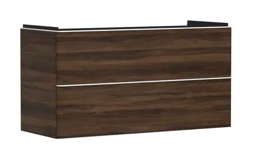 Brauner Waschtischunterschrank mit zwei Schubkästen, hergestellt von Hansgrohe, bietet Stauraum und ist für den Einsatz unter einem Waschtisch konzipiert.